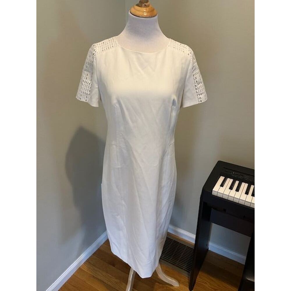 Akris Punto Off-White Eyelet Laser Cut Sheath Midi Dress Sz 10 EUC